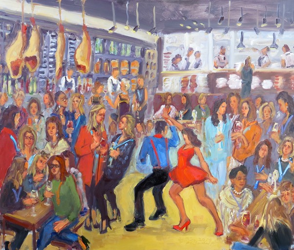 Live Event Painting at a corporate party at Amada Restaurant in Old City Philadelphia by Joan Zylkin The Event Painter.