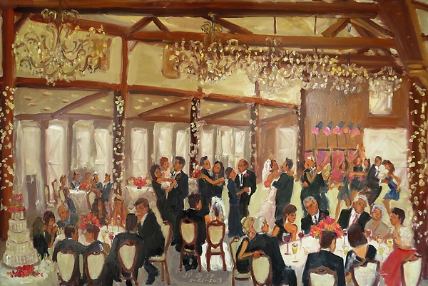 Wedding at Normandy Farm, BlueBell PA, captured in a live event painting by Joan Zylkin The Event Painter.