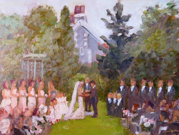 Wedding ceremony at Rockwood Park, DE. studio painting by Joan Zylkin The Event Painter