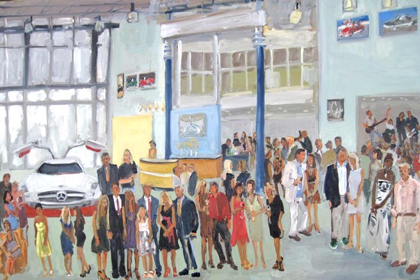 Live Event Painting of Gala Opening of new Lokey Mercedes Benz Showroom ~ painted during the evening and including VIPs and Guests. 