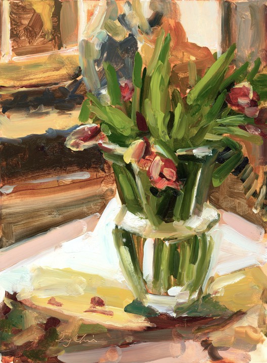 Still Life oil painting, Tulips, reds, ochres, , browns, neutrals, painterly, strong brush strokes, by Joan Zylkin The Event Painter