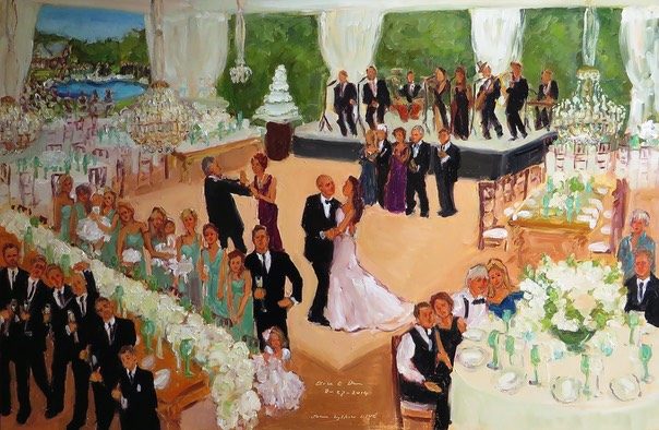 Live event painting at Bride’s home in NJ with Sid Miller Band, Starr Events, Uncommon Events, Eventquip, by Joan Zylkin The Event Painter.