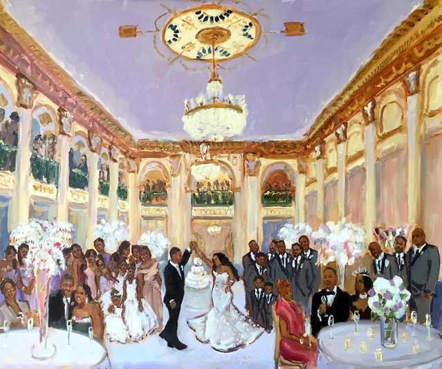 Philadelphia wedding at the Ballroom at The Ben, live event painting by The Event Painter, Joan Zylkin